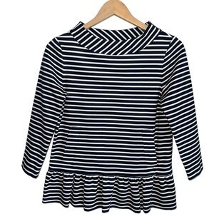 KATE SPADE Navy Blue Striped Peplum Top | Boat Neck 3/4 Sleeve w Pockets | Small